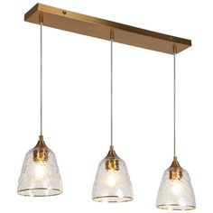 three lights that are hanging from a light fixture with glass shades on the bottom and sides