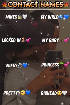 a woman holding a cell phone in front of her face with the words contact names on it