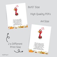 two different greeting cards with an image of a rooster on them and the text, 8x10's size high quality