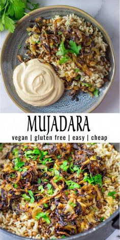 two pictures with different types of food in them and the words muadara on top