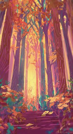 a painting of trees and leaves in the woods with bright sunlight coming through them,