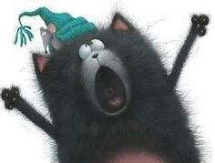 a black cat with a green hat on it's head and hands in the air