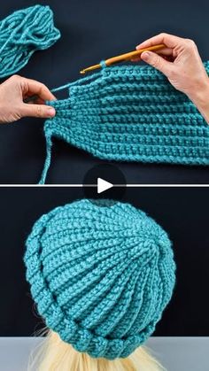 two pictures showing how to crochet the back of a hat with yarn and knitting needles