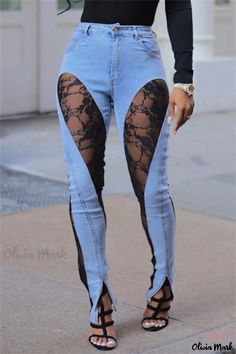 Olivia Mark - Chic High Waist Skinny Denim Jeans with Patchwork Lace Detailing Denim Style Casual, Diy Pants, Bodycon Casual, Two Piece Swimwear, Denim Style, Fashion Gallery, High Waisted Denim, Fashion Details, Dance Wear