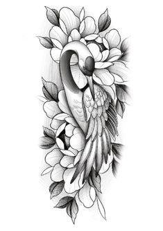 a black and white drawing of a bird with flowers on it's back side