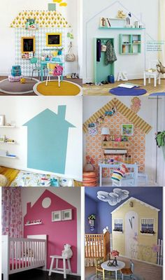 there are pictures of different rooms in the house and on the wall, including a dollhouse