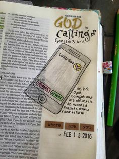 an open bible with a drawing of a cell phone