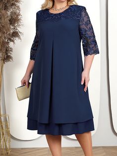 Women's Plus Size Lace Dress Party Dress Cocktail Dress Chiffon Lace Embroidered Crew Neck 3/4 Length Sleeve Floral Midi Dress Wedding Guest Birthday Pink Dark Blue Spring Fall 2024 - $41.99