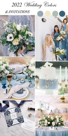 a collage of photos with blue and white wedding colors