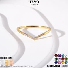 1789 Jewels perfectly combined Birt Stones with Gold V Ring! Are you looking for Solid Gold Birthstone Ring with unique touch with her birthstone? Here's our 18K 14K 10K Solid Gold Arched V Ring as premium Birthstone Ring! Our Dainty Chevron Gold Ring can be customize with her birthstones! To create luxury custom birthday gift for women, we can create V Shaped Ring with her birthstones fully instead of diamonds or just use her birth stone just on the middle stone. Our Solid Gold Arched V Ring is also Perfect Wedding Band and Shower Engagement Ring for your girlfriend and fiancee! She can also use this Birthstone Contour Band V Ring as a Stacking Thumb Ring or Midi Ring to your girlfriend, fiancee, wife, bride, wife, daughter and mother as Birthday Gift or Anniversary Ring Gift.   You can c Gold Rings With Accent Stones For Birthday, Classic Gold Stackable Rings With Accent Stones, Anniversary Hallmarked Cubic Zirconia Birthstone Ring, Gold Cubic Zirconia Wedding Ring With Birthstone, Elegant Diamond Ring For Birthday, Elegant Diamond Birthday Rings, Elegant Birthstone Ring For Birthday With Center Stone, Elegant Jewelry With Center Stone For Birthday, Gold Stackable Rings With Accent Stones For Wedding