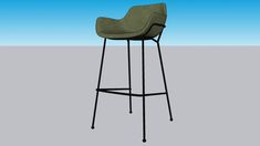 a black metal bar stool with a green upholstered seat on a gray background