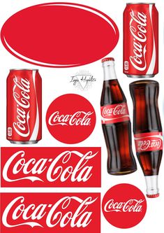 the coca - cola logo is shown in red, white and gray colors with different types of cans