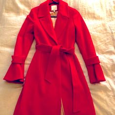 Only Worn Once! Joie Tie Waist Peacoat With Ruffled Sleeves- Perfect Condition. Shell Is 80% Wool And 20% Nylon. Dry Clean. Make Offer :) Elegant Red Pea Coat For Winter, Elegant Red Long Pea Coat, Red Single-breasted Pea Coat For Fall, Red Single-breasted Pea Coat For Winter, Elegant Red Single-breasted Pea Coat, Red Pea Coat, Gold Satin, Pea Coat, Ruffled Sleeves