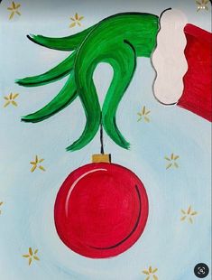 an acrylic painting of a christmas ornament hanging from a tree branch