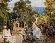 a painting of a woman in a white dress walking down a path by the water