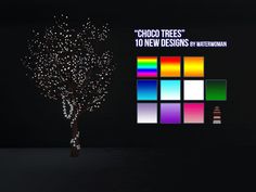 there is a tree that has been decorated with white lights and the words choco trees to new designs on it