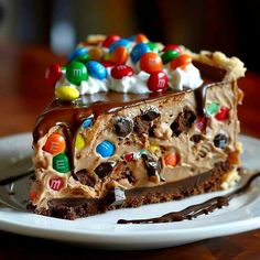 a piece of cake with m & m candies on it sitting on a plate