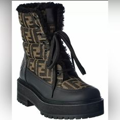 Excellent Condition. New In Box Womens Biker Boots, Fendi Boots, Brown Boots Women, Leather Biker Boots, Lace Up Booties, Lady Biker, Biker Boots, Ski Wear, Black Leather Boots