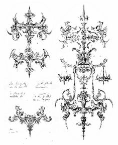 two drawings of fancy chandeliers, one in black and white