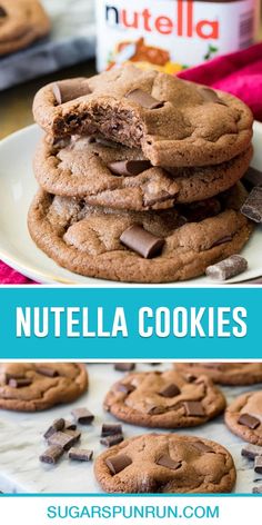 chocolate nutella cookies stacked on top of each other with the words nutella cookies above them