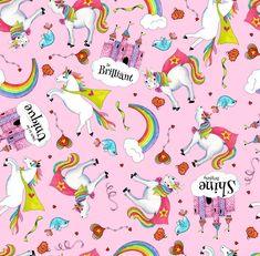 a pink background with unicorns and rainbows on it