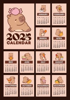 a calendar for the new year with cartoon animals and food items on it, as well as