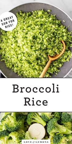 broccoli rice in a bowl with a wooden spoon on the side and text overlay that says broccoli rice