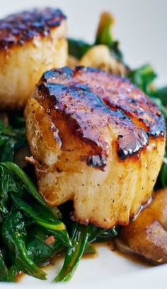 seared scallops with spinach and mushrooms on a white plate