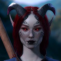 a woman with red hair and horns holding a baseball bat