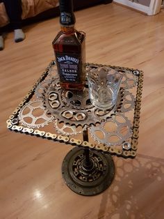 a bottle of whiskey sitting on top of a metal tray