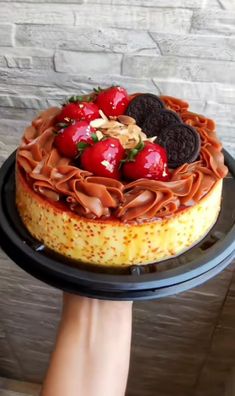 a person holding a cake with chocolate and strawberries on top