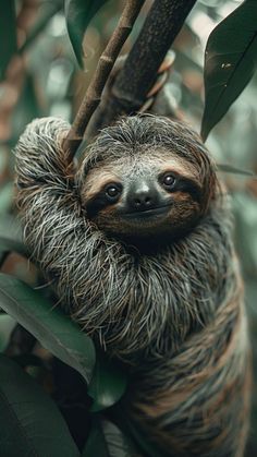 a baby sloth hanging from a tree branch