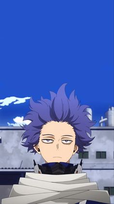 an anime character with purple hair sitting in front of a building and looking at the camera