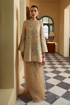 Pakistani Wedding Dress in Shirt and Sharara Style has an alluring Golden color and it is hand-embellished with Sequins, Beads, and Zardosi. Fast shipping. Shirt And Sharara, Sharara Style, Sharara Pants, Luxury Pret, Pakistani Wedding Dress, Beautiful Pakistani Dresses, Desi Clothes, Eid Dresses, Pakistani Bridal Dresses