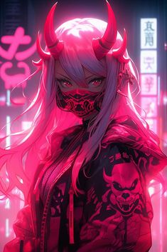 an anime character with pink hair and horns