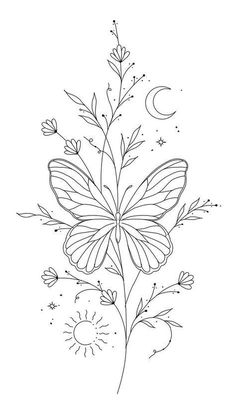 a butterfly sitting on top of a flower next to the moon and stars in the sky