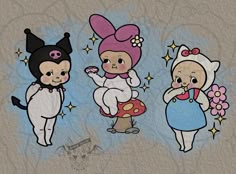 three cartoon characters dressed in costumes