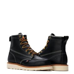 Style: 814-6201 **Please allow 2 weeks or longer for shipment.** Thorogood® American Heritage 6″ black moc toe work boots always put substance over style – but the black full-grain leather looks great too. Strong and durable, just like the person who wears them, these boots are up to the task and built to last. The six-inch shaft and fiberglass shank give you the support and flexibility you need when you’re on your feet all day, and the MAXWear Wedge™ slip-resistant outsole will help you stay on Slip-resistant Moc Toe Work Boots, Goodyear Welt Construction Moc Toe Work Boots, Goodyear Welt Construction Work Boots With Moc Toe, Moc Toe Work Boots With Goodyear Welt Construction, Workwear Moto Boots With Reinforced Moc Toe, Black Waterproof Boots With Steel Toe For Work, Black Waterproof Steel Toe Boots For Work, Black Steel Toe Waterproof Boots For Work, Moc Toe Moto Boots With Reinforced Toe For Workwear