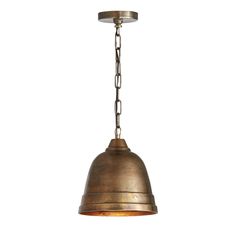 an antique brass pendant light hanging from a chain