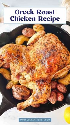 a roasted chicken in a cast iron skillet with potatoes and lemons on the side