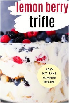 a lemon berry trifle on a plate with berries and blueberries in the background