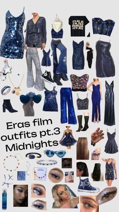 a collage of different types of clothing and accessories with the words eras film outfits pt 3 midnights