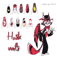 Nail designs inspired by the Husk, character from Hazbin Hotel, made by me. Husk Nails Hazbin Hotel, Hazbin Hotel Food, Alastor Inspired Nails, Hazbin Hotel Inspired Nails, Hazbin Hotel Character Design, Hazbin Hotel Crafts, Helluva Boss Nails, Hazbin Hotel Nails, Husk Hazbin Hotel