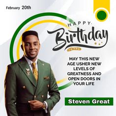 a man in a green suit and yellow tie standing next to a birthday card with the words, happy birthday may this new age usher new greatness and open doors