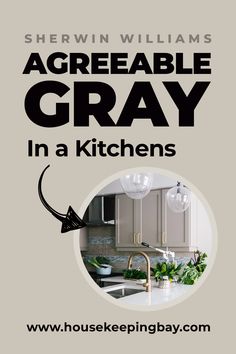 a kitchen with gray cabinets and white counter tops, the words agreeable gray in a kitchen