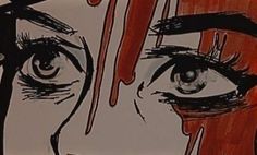 an artistic drawing of a woman's face with blood dripping down the upper part of her eye