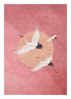 three white birds flying in the sky over a pink and orange background with a sun