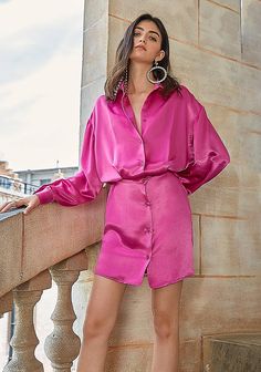 Women Vintage Shirtdress Cheap Elegant Pink Shirt Dress, Button Down Dress Satin, Long Sleeve Satin Shirt Dress, Fucsia Formal Shirt Bow, Colored Office, Satin Dresses Long Sleeve, Satin Button Up, Button Shirt Dress, Satin Dress Long