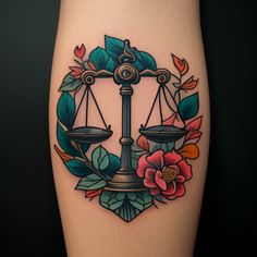 a tattoo with an scales and flowers on it