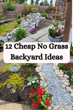 a garden with rocks and flowers in the middle, text reads 12 cheap no grass backyard ideas